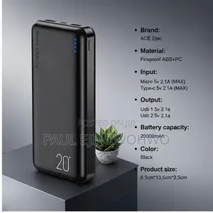 Ace Elec 20000 MAh Utra Slim Portable Power Bank -Type C Dual Input