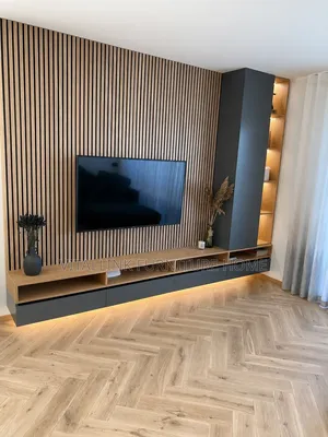 Luxury Wood Fluted TV Wall Unit With LED Floating Console