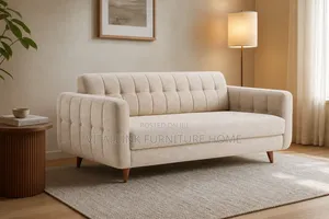 Cream Tufted 3-Seater Couch With Mid-Century Wood Legs