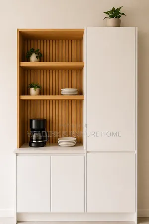 Modern White Fluted Coffee Bar, Kitchen Cabinet With Open Shelves