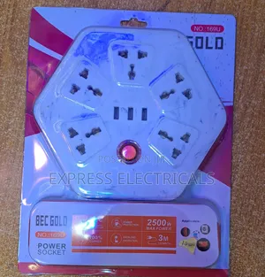 BEC GOLD Hexagon 5-Way Extension Socket +3 USB +3M Wire