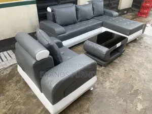 Gray N White Leather Lshap Sofa With Center Table N Single Seater