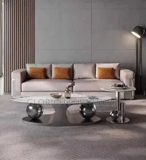 Sintered Stone Oval Coffee Table Side Table–Triple Orb Gold Arch Base