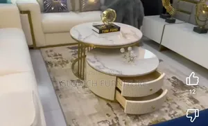 Marble-Top Nesting Coffee Table Set – Ribbed Drawer Cabinet