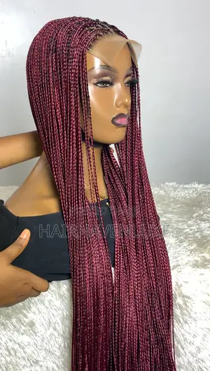 Braided Bone Straight Closure Wig - Ready to Wear ( Burgundy Color)
