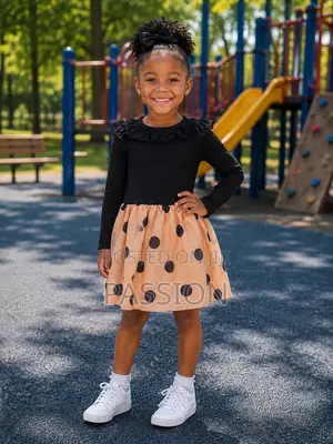 Girls Black Beige Polka Dot Dress | Elegant Long Sleeve Party Dress