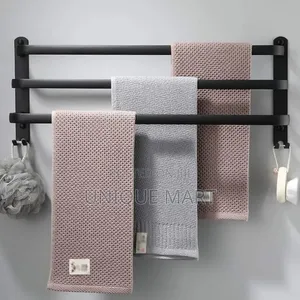 3 Layer Wall Mounted Black Matte Towel Rack With Sponge Hooks