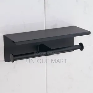 Wall Mounted Black Matte Double Tissue Paper Holder With Shelf