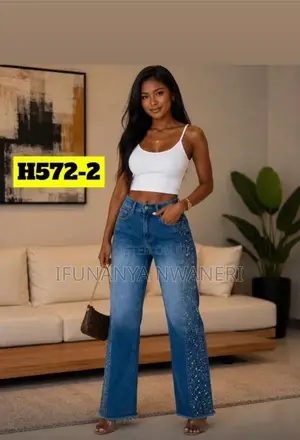 Women's High Waist Wide Leg Beaded Jeans - Blue