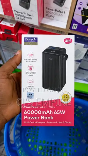 60000maah Itel Power Bank 65w Fast Charging, Type C in Out