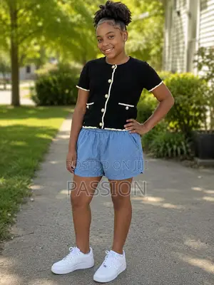 Girls Black Knit Button Top With Denim Shorts for Kids