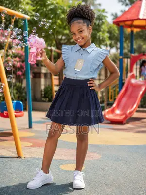 Girls Ruffle Denim Top With Pleated Skirt |