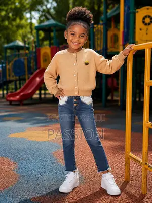 Girls Beige Knit Cardigan With Blue Jeans