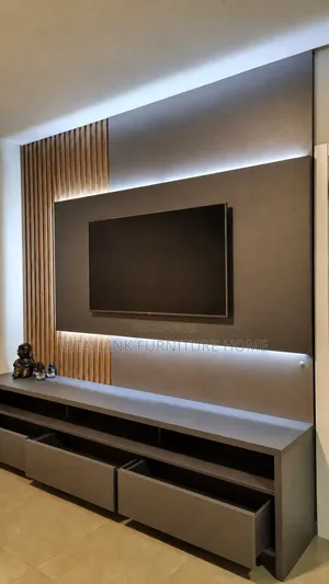 Modern Matte Grey TV Wall Unit With Fluted Panel LEDs