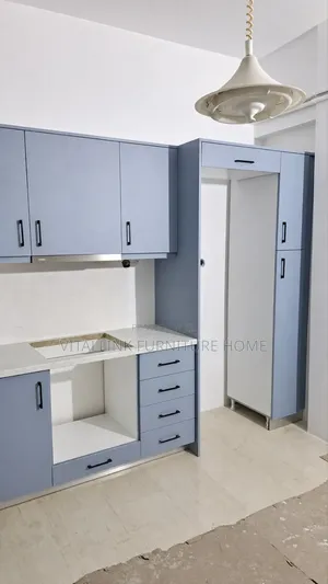 Modern Light Blue Kitchen Set With Tall Fridge/Pantry Niche