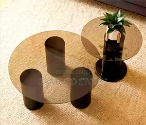 Contemporary Tinted Glass Center Table W/ Black Cylinder Base 2pcs Set