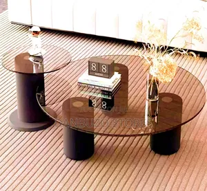 Contemporary Tinted Glass Center Table W/ Black Cylinder Base 2pcs Set