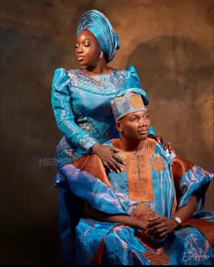 (Turquoise Brocade Gown Copper-Accented Agbada Set