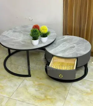 Round Grey Marble-Top Nesting Coffee Table Set – Drum Drawer
