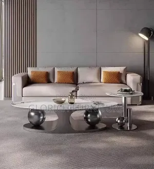 Oval Sintered Stone Coffee Side Table Set – Gunmetal Orb