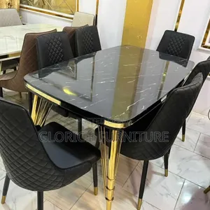 Nero Stone Dining Set – Bundled Gold Rod Legs Diamond-Quilted Chairs
