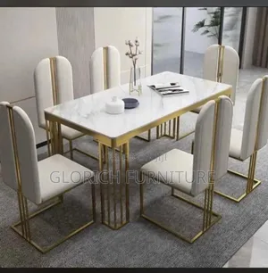 6-Seater White Marble Dining Set – Arch-Back Chairs Gold Rod Frame