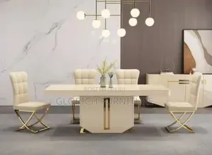 Cream Dining Set – Tufted Chairs, Gold X-Base Pedestal Table
