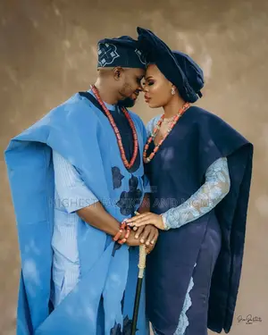 Cornflower-Blue Agbada Navy Lace Gown Set