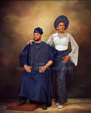 Silver-White Beaded Blouse Navy Agbada Set