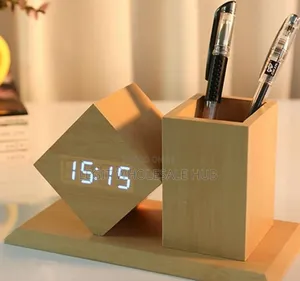 Wooden Digital Alarm Clock With Pen Holder