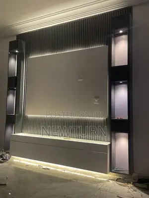 Luxury High Gloss TV Console With Standing Shelves.