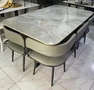 6 Seater Low Back Marble Top Dining Table Set With Metal Leg