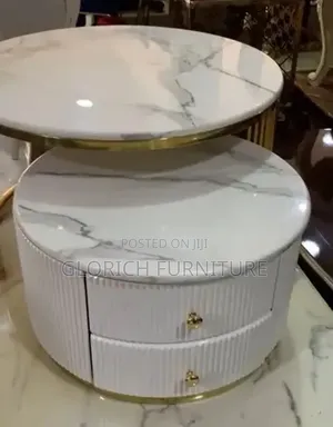 Round Marble-Top Coffee Table Set – White Ribbed Drawer Unit