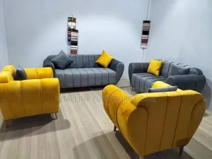 4-Piece Grey Yellow Channel-Tufted Velvet Sofa Set