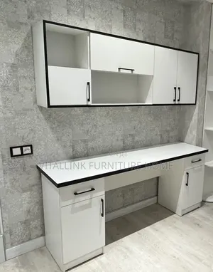 Modern White Home Office Desk With Overhead Cabinets Black Accents