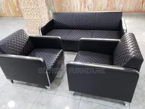 5-Seater Black Quilted Leatherette Sofa Set – Chrome Frame, 3+1+1