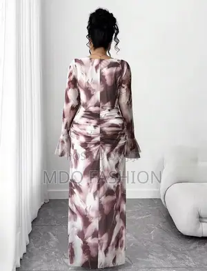 Marble Print Mesh Ruched Maxi Dress