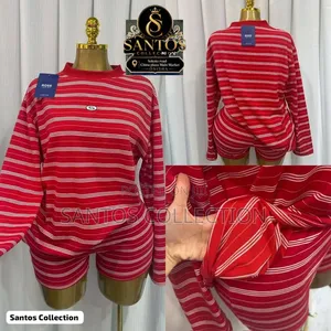 Red Striped Cotton 2 - Piece Loungewear Set - Shorts+ Long Sleeve Top