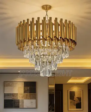 Modern Luxury Gold Pipe and Crystal Tier Chandelier