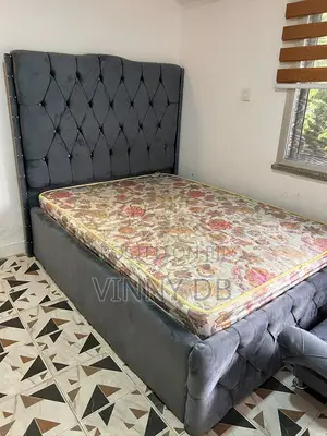 Grey Velvet Tufted Bed Frame With Mattress and Ottoman – Queen Size
