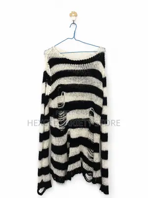 Black White Distressed Striped Knit Sweater