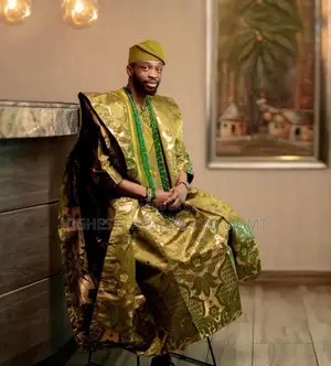 Olive Ruffle Gown Agbada Set