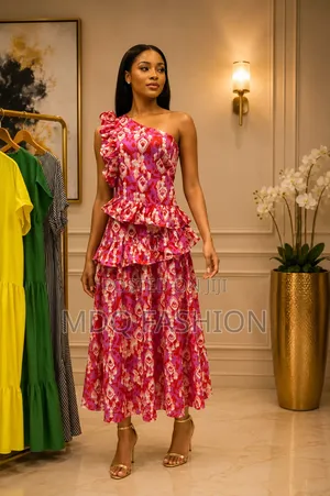 Pink Patterned One-Shoulder Ruffle Dress