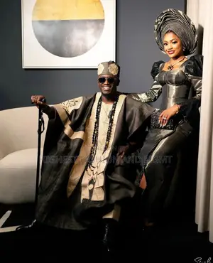 (Metallic Bronze Corset Gown Charcoal Agbada Set