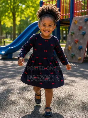 Navy Blue Bow Print Girls Dres