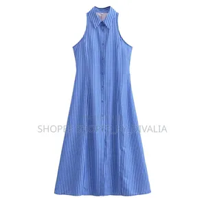 Elegant Blue Striped Sleevess Button Down Dress