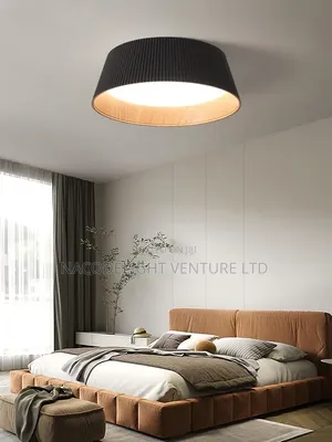 Sora Japandi Flush Mount Fixture in Matte Black Natural Oak