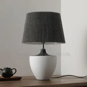 Japandi Textured-White Ceramic Bedside Lampwith Accordion Fabric Shade