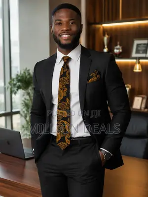 Stylish Pattern Men's Corporate Long Tie With Pocket Square Black Gold
