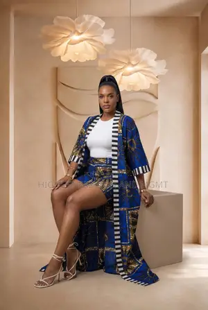 African Print Long Kimono Jacket and Shorts Set